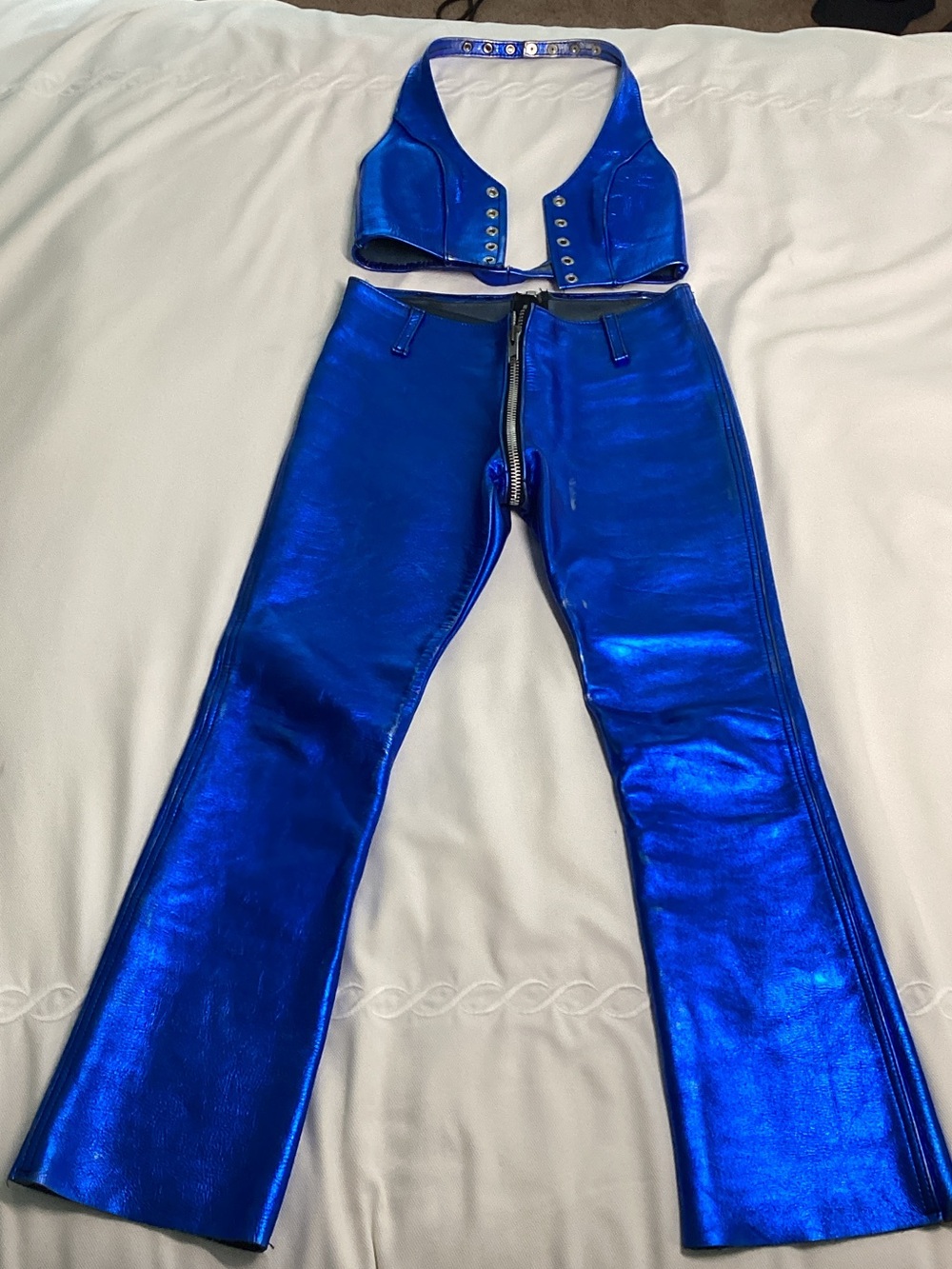Authentic 1960s glam rock, thick electric blue, leather pants and matching vest. - Picture 1 of 9